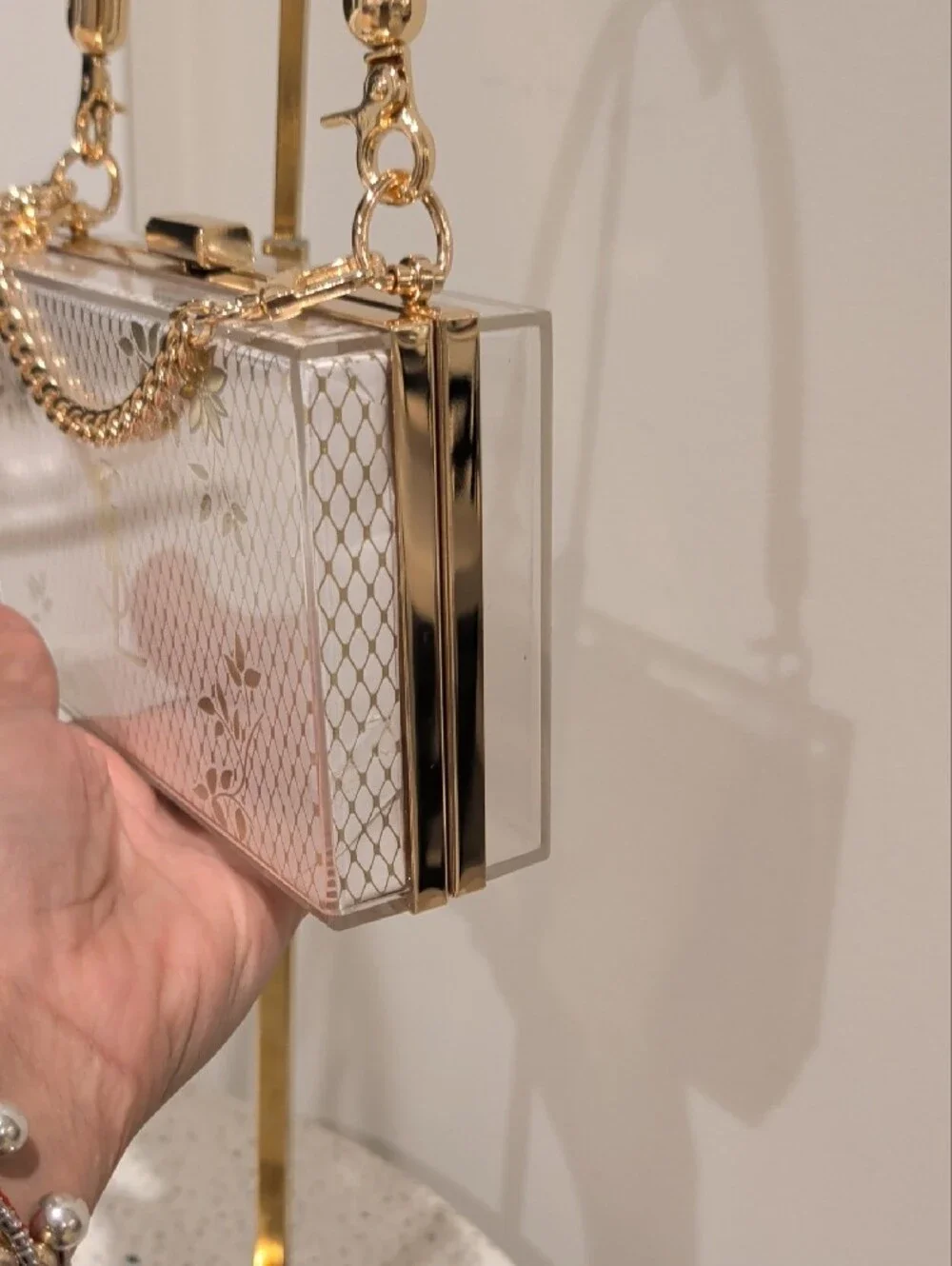 Saint Laurent White and Gold Box Clutch with Chain Charm